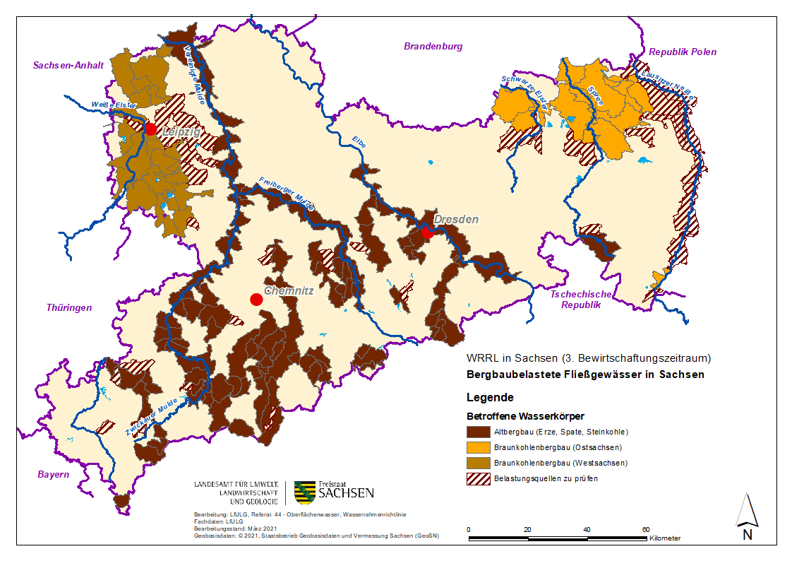 Karte der bergbaulich veränderten Oberflächenwasserkörper in Sachsen